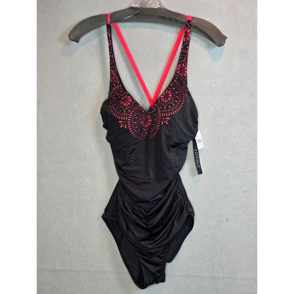 Dreamsuit by Miracle Brands Other - Dreamsuit by Miracle Brands Black Pink Laser Cut Ruched One Piece Swimsuit 8